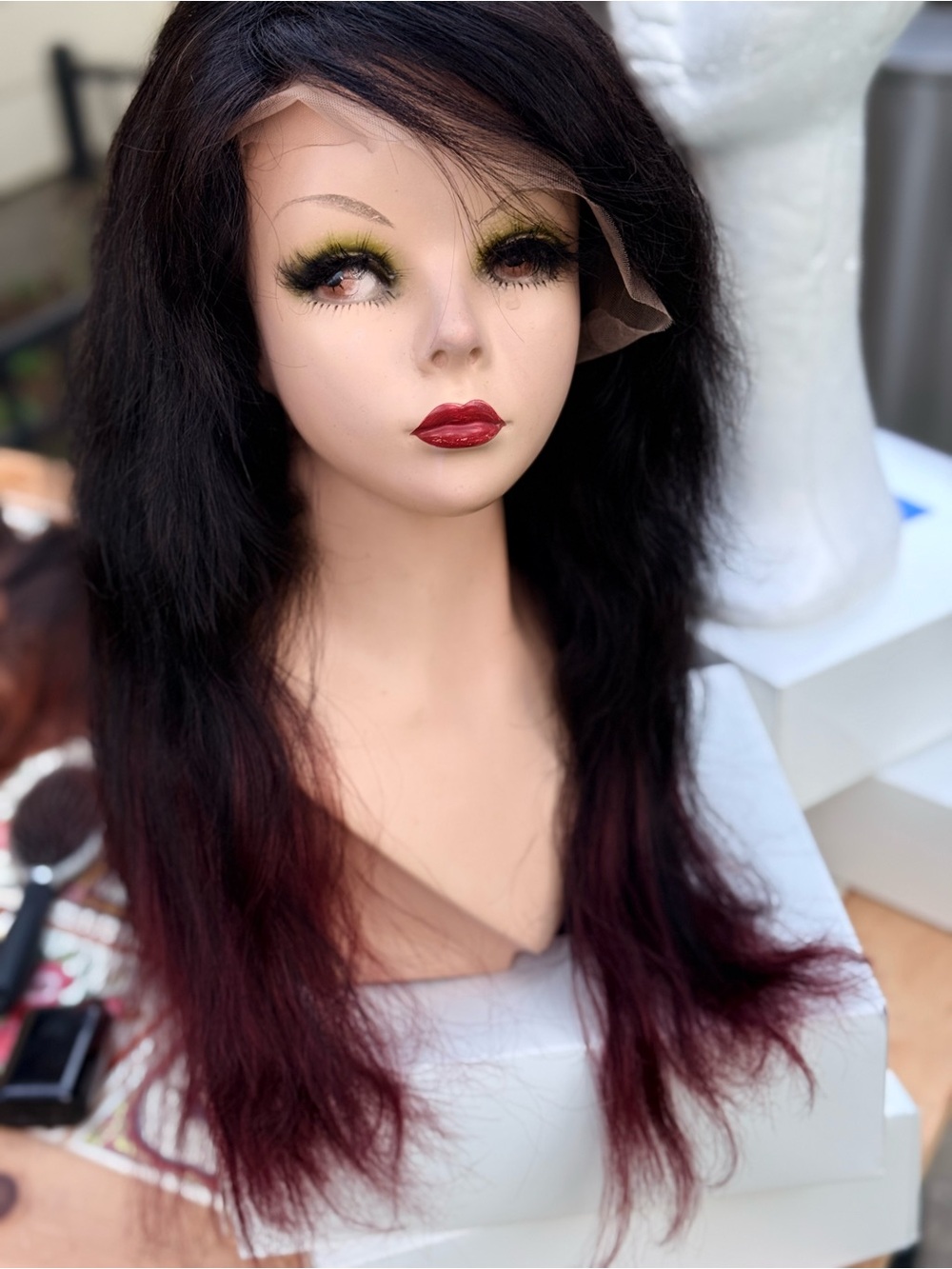 Human Hair Dark Brown to Burgundy Ombre Lace Front Wig - Women Hair